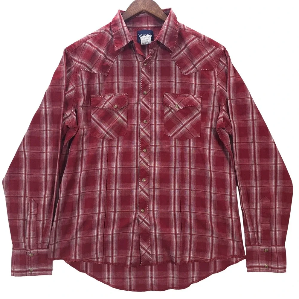 Wrangler Mens Red Plaid Western Pearl Snap Shirt Contrast Stitch Cowboy L